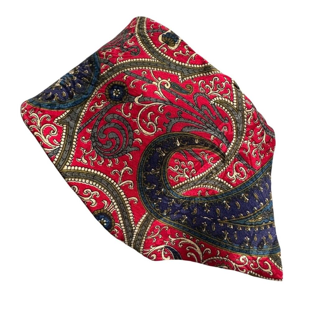 Ted Lapidus vintage 100% silk classic paisley tie red blue olive 3.75" w